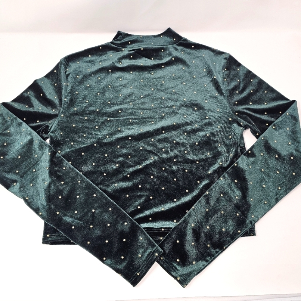 FOREVER 21 Green Velvet Mock Neck Cropped Top with Gold Stud Accents